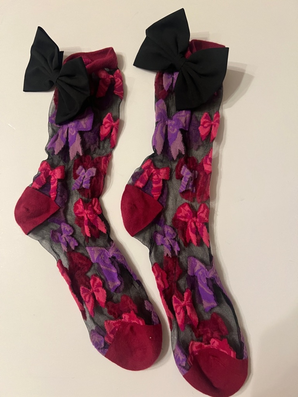 Candy Big Bow Enegry Sheer Crew Socks - Burgundy, Pink & Purple